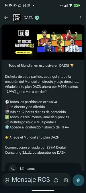 Mensaje RCS de DAZN ofreciendo el Mundial en exclusiva
