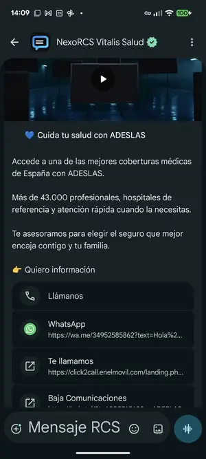 Mensaje RCS de NexoRCS Vitalis Salud con una oferta de seguros Adeslas