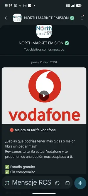 Mensaje RCS de North Market Emisión para mejorar la tarifa Vodafone