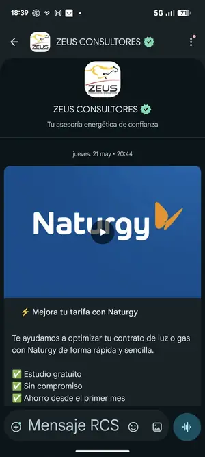 Mensaje RCS de Zeus Consultores para optimizar la tarifa de luz o gas con Naturgy